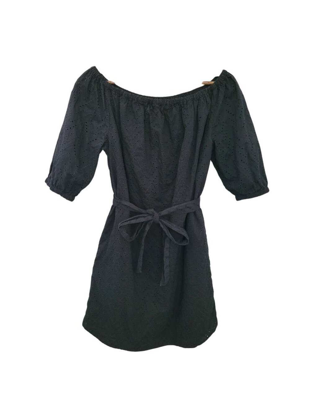 Gap Eyelet Off-The-Shoulder Cotton Dress Tie Waist Womens Size XS Black Pockets